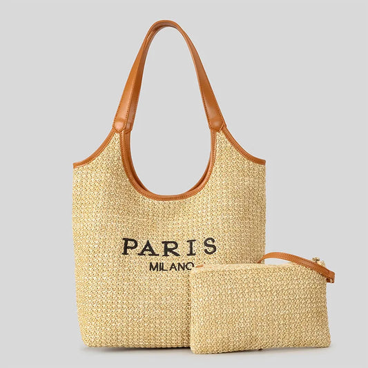 Paris Fashion Straw Tote Bag Large Capacity Khaki Luxury High Quality Summer Casual Versatile Women Shoulder Bag With Small Bag