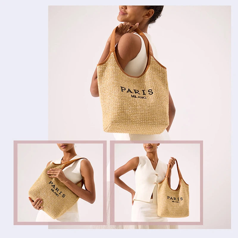 Paris Fashion Straw Tote Bag Large Capacity Khaki Luxury High Quality Summer Casual Versatile Women Shoulder Bag With Small Bag