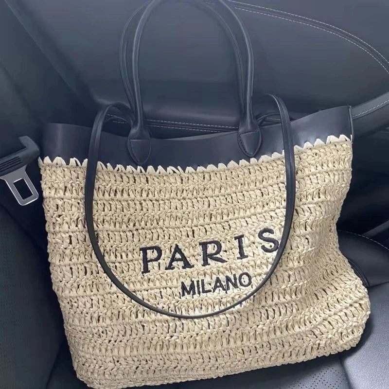 Paris Fashion Straw Tote Bag Large Capacity Khaki Luxury High Quality Summer Casual Versatile Women Shoulder Bag With Small Bag