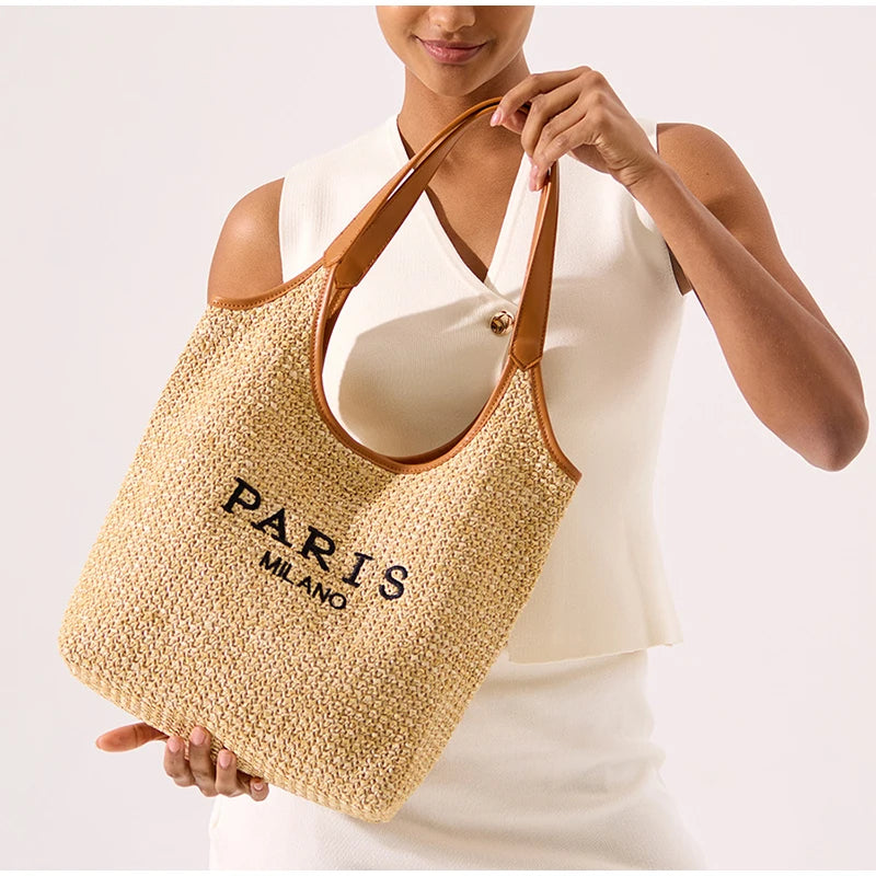 Paris Fashion Straw Tote Bag Large Capacity Khaki Luxury High Quality Summer Casual Versatile Women Shoulder Bag With Small Bag