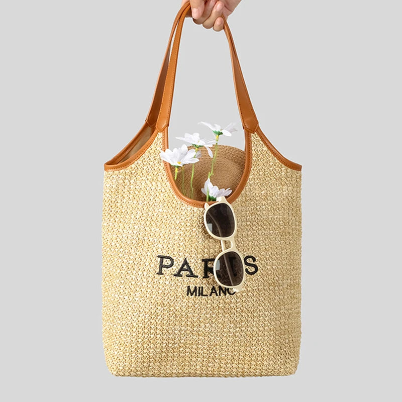 Paris Fashion Straw Tote Bag Large Capacity Khaki Luxury High Quality Summer Casual Versatile Women Shoulder Bag With Small Bag