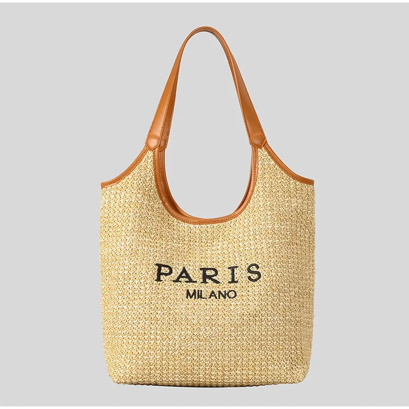 Paris Fashion Straw Tote Bag Large Capacity Khaki Luxury High Quality Summer Casual Versatile Women Shoulder Bag With Small Bag